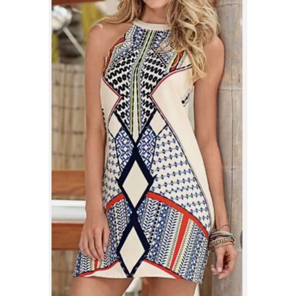 Venus Halter Neck Geometric Print Shift Dress Cream Size L